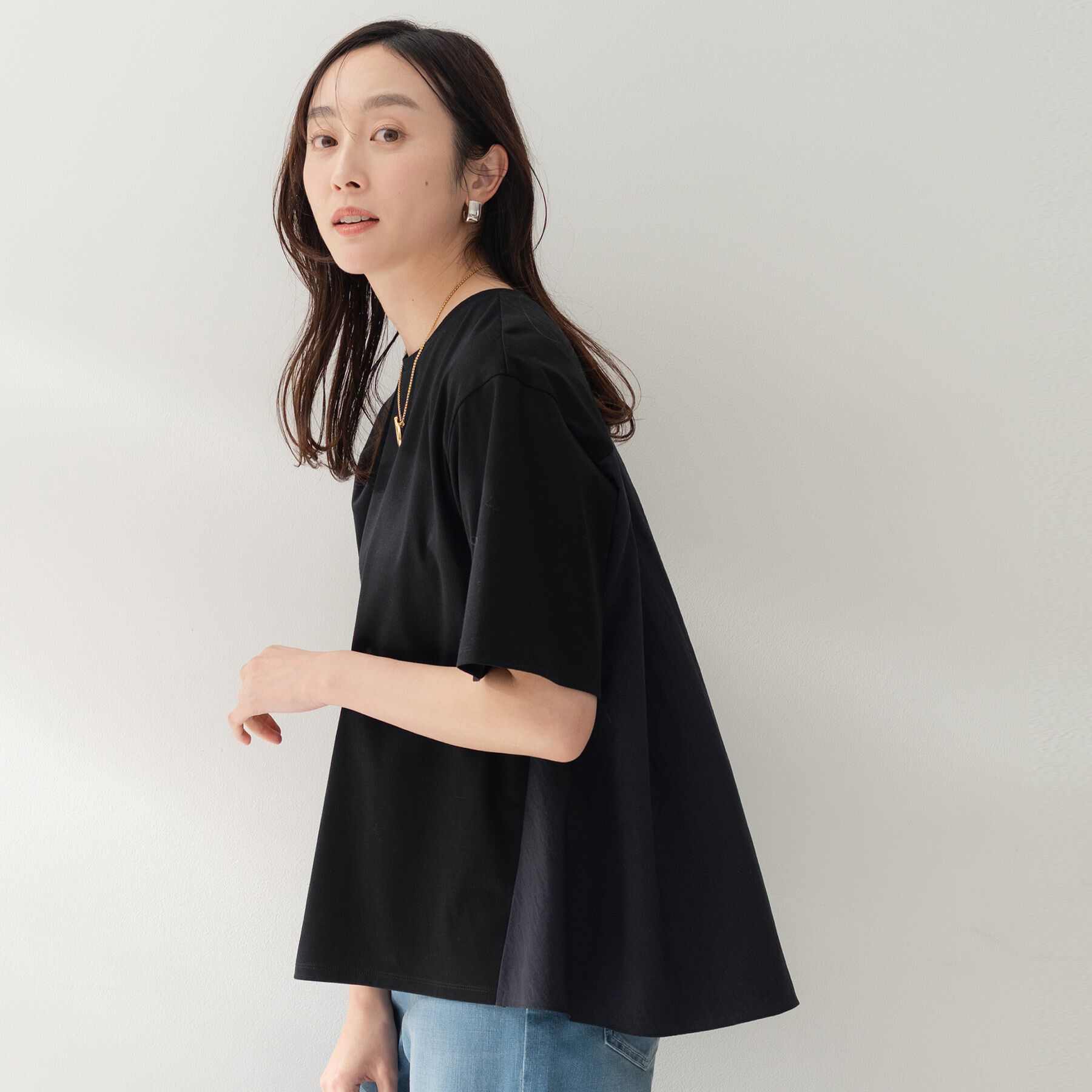 UNTITLED「【洗える/Tシャツ】異素材ドッキングプルオーバー」|Tシャツ・カットソー|ブラック(019)