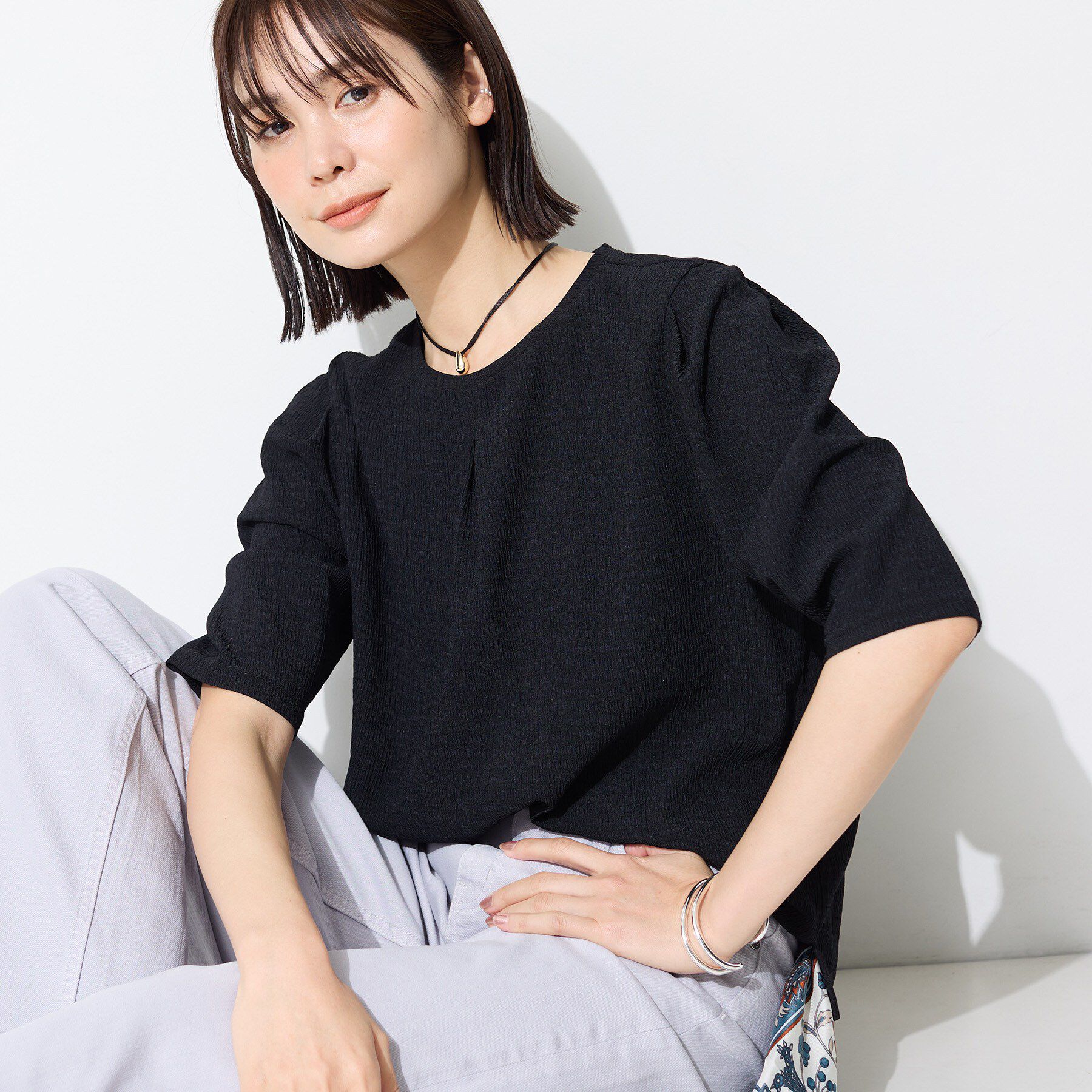 INDIVI「【UVケア／吸汗速乾】チェック柄タックボリュームスリーブトップス」|Tシャツ・カットソー|