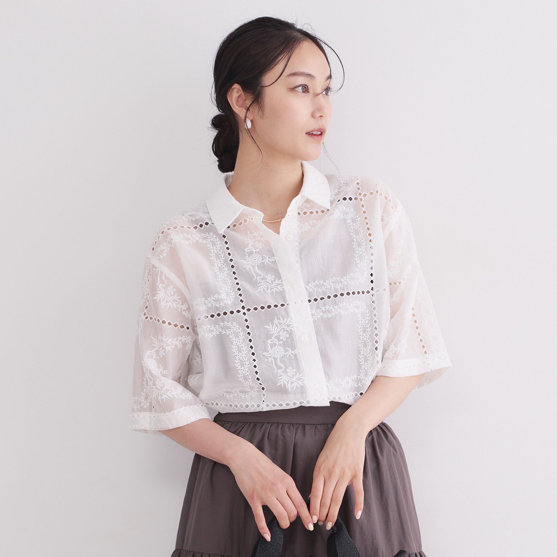 OPAQUE.CLIP「刺繍ハーフスリーブシャツ／セットアップ対応可【洗濯機OK】」|シャツ・ブラウス|