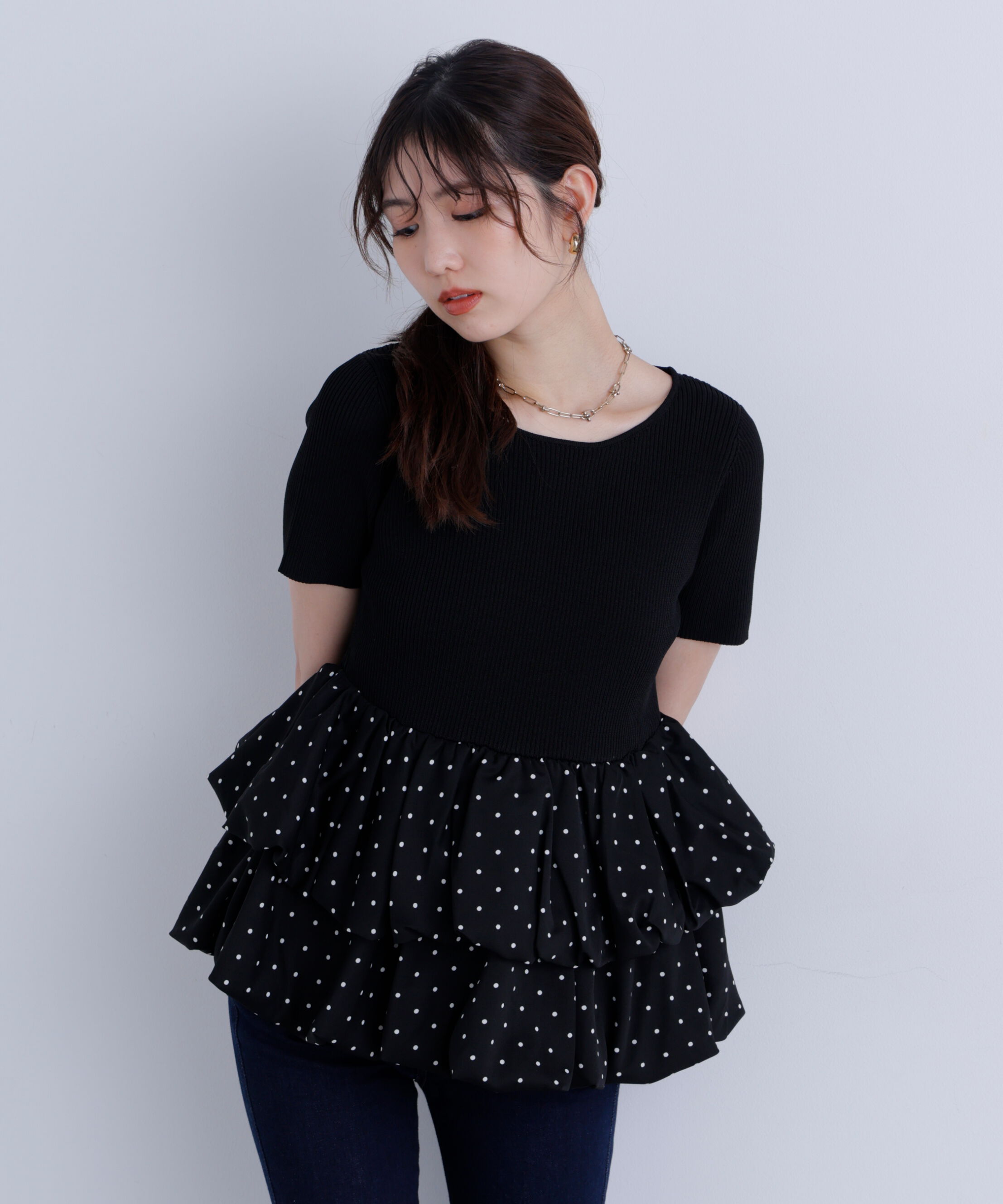  「〈MFM〉ドットバルーンペプラムニット」|ニット・セーター|ブラック
