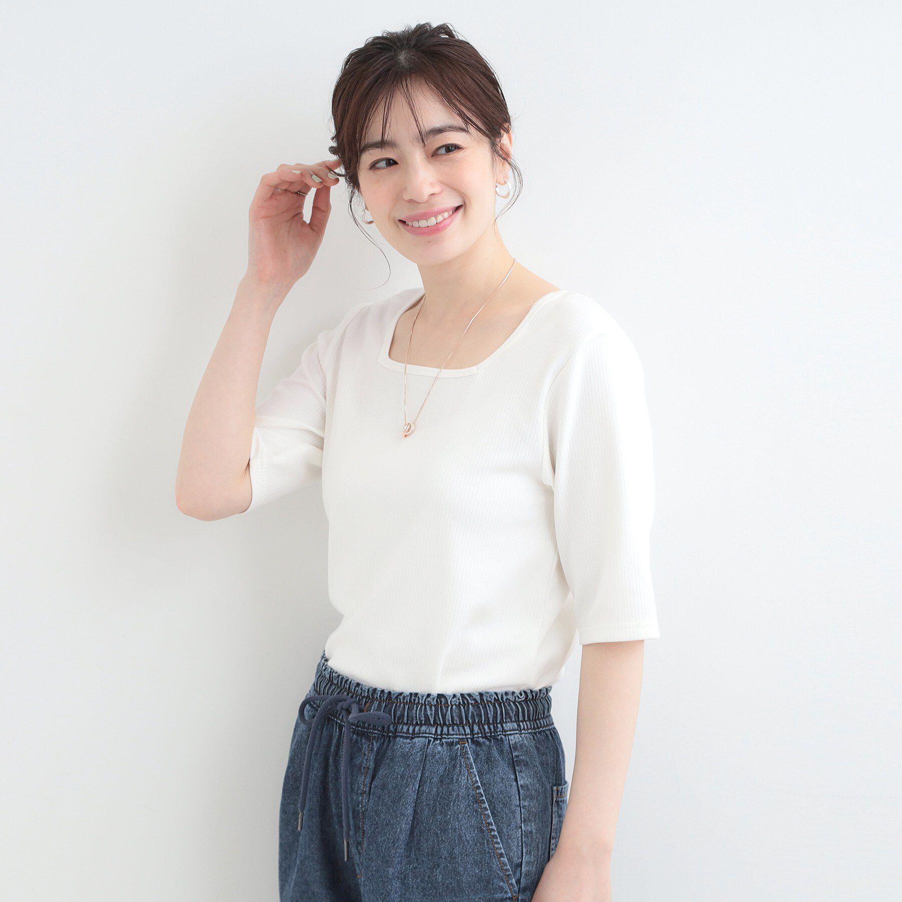 SHOO･LA･RUE「【ネックアソート/洗濯機可】テレコ5分袖トップス」|Tシャツ・カットソー|