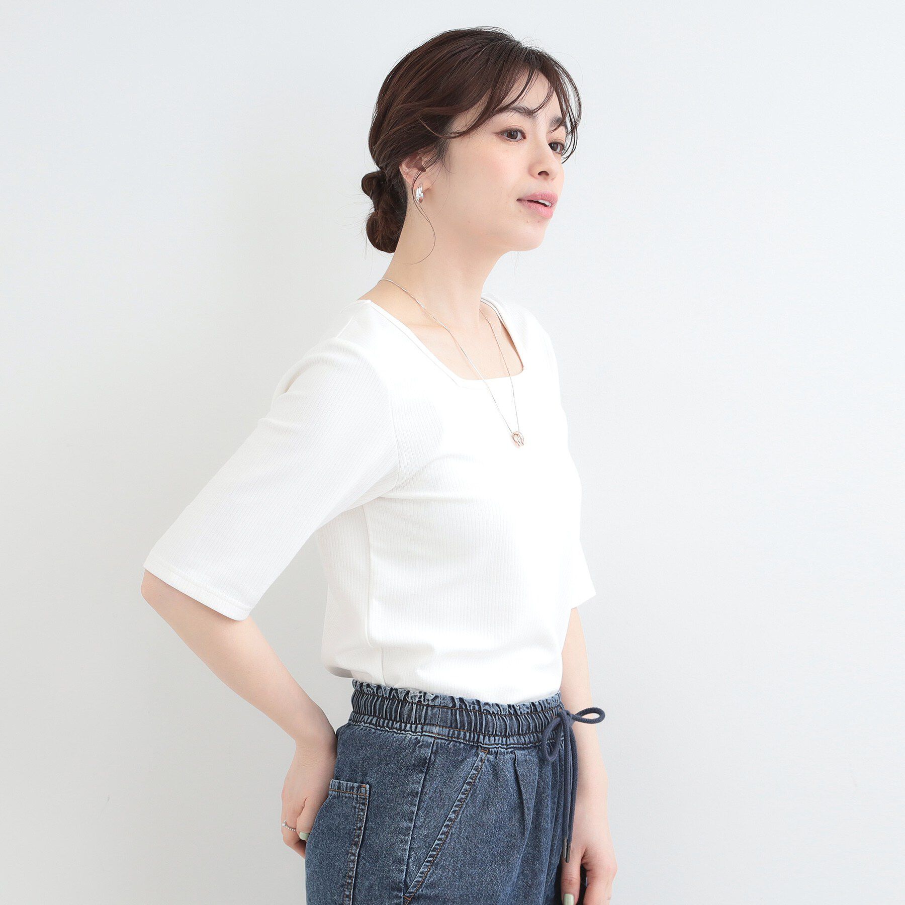 SHOO･LA･RUE「【ネックアソート/洗濯機可】テレコ5分袖トップス」|Tシャツ・カットソー|
