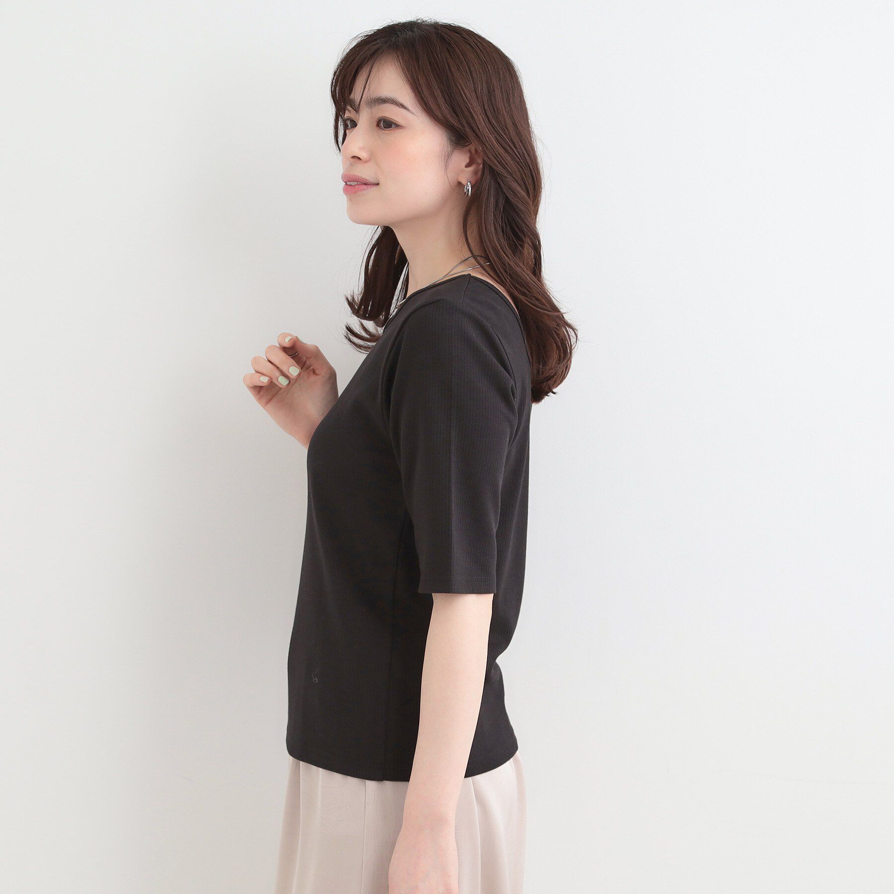 SHOO･LA･RUE「【ネックアソート/洗濯機可】テレコ5分袖トップス」|Tシャツ・カットソー|