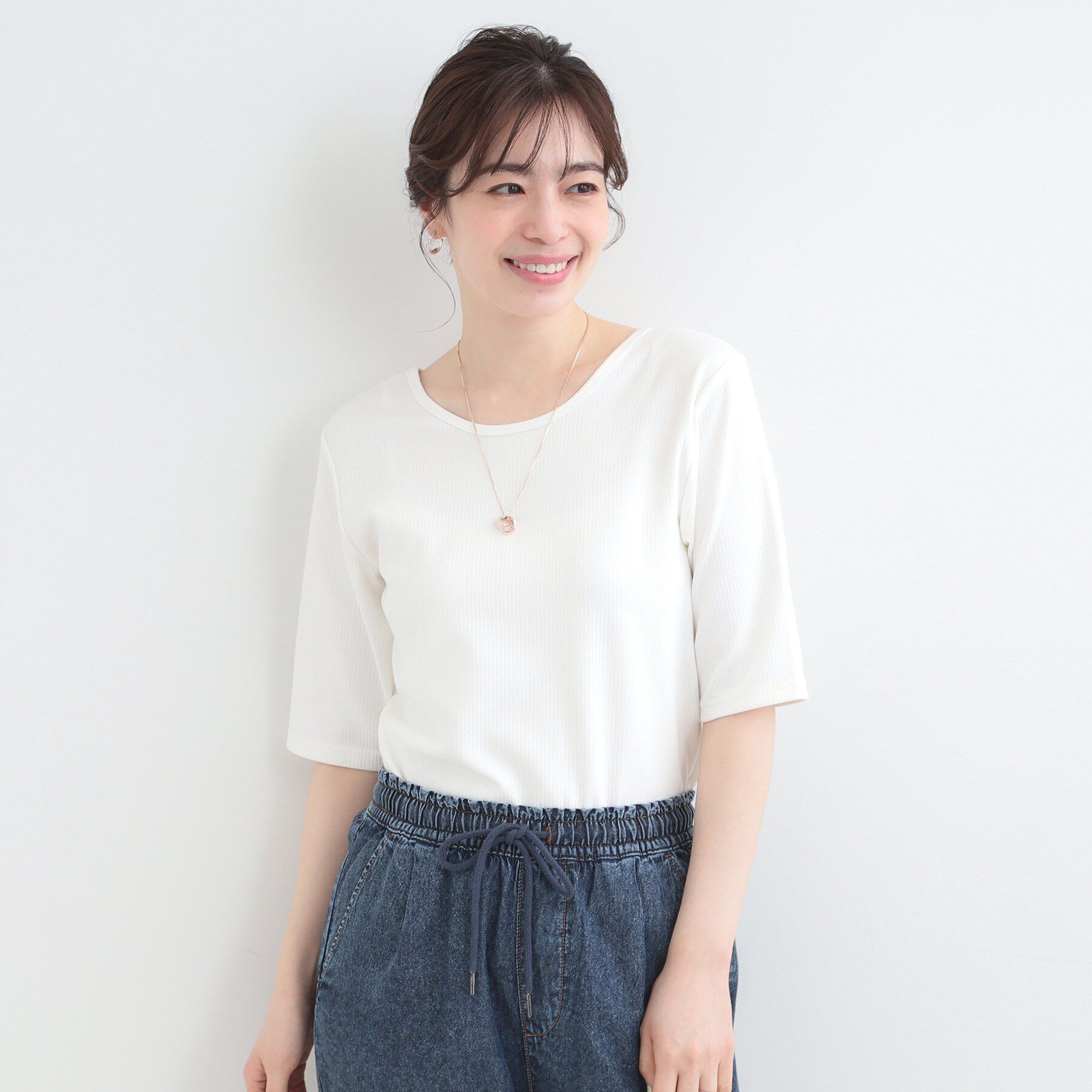 SHOO･LA･RUE「【ネックアソート/洗濯機可】テレコ5分袖トップス」|Tシャツ・カットソー|