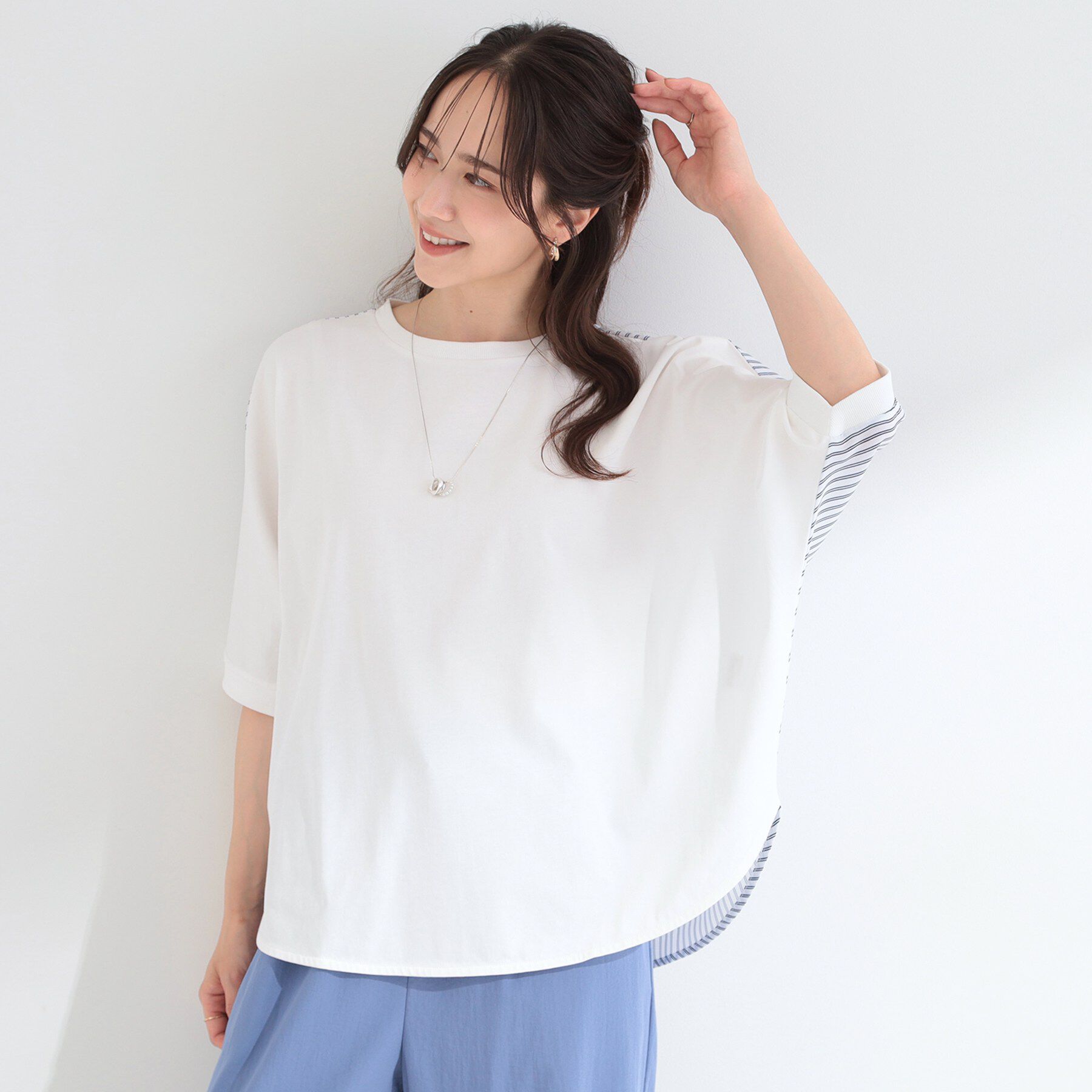 SHOO･LA･RUE「【体型カバー/洗濯機可】二の腕隠れる 前後切替ドルマンTシャツ」|Tシャツ・カットソー|