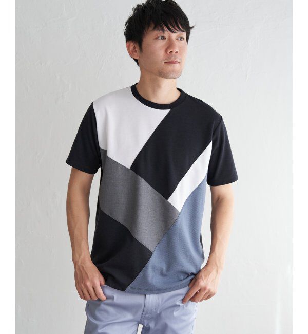 ikka「【親子おそろい】ブロックスポンチ斜め切り替えTシャツ」|Tシャツ・カットソー|