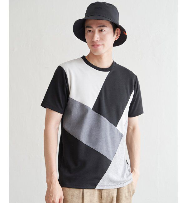 ikka「【親子おそろい】ブロックスポンチ斜め切り替えTシャツ」|Tシャツ・カットソー|ブラック