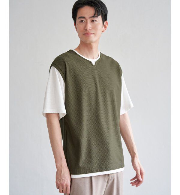 ikka「【接触冷感／吸水速乾】ヘリンボンキーネックフェイクベストTシャツ【親子おそろい】」|Tシャツ・カットソー|