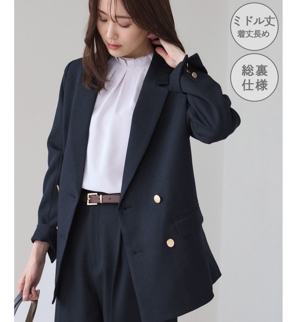 【美品】Sustainableイレギュラー金ボタンジャケット WEB限定】レディハンサムシリーズ ウールライク金ボタンミドル丈