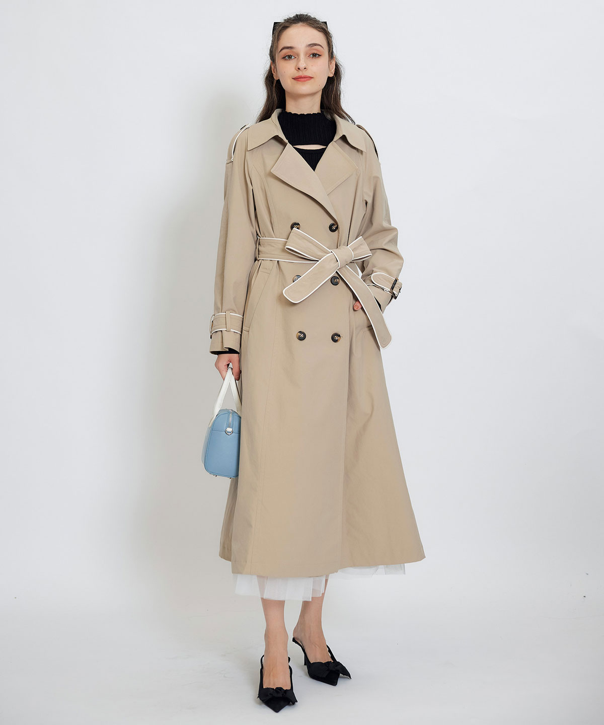 バックベルトデザインパイピングロングトレンチコート（REDYAZEL